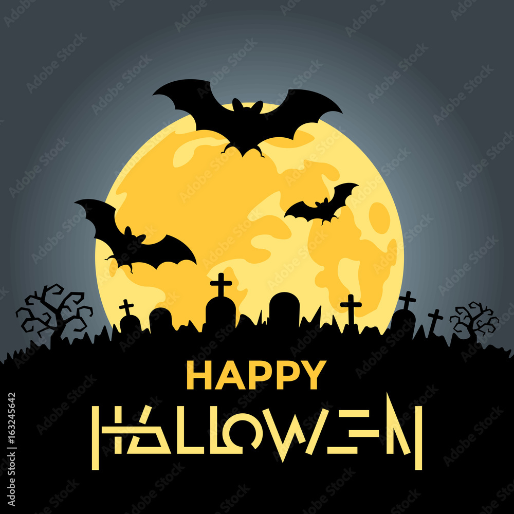 Digital vector yellow black happy halloween icons with drawn simple line art info graphic, presentation with bats, moon and cemetery elements around promo template, flat style