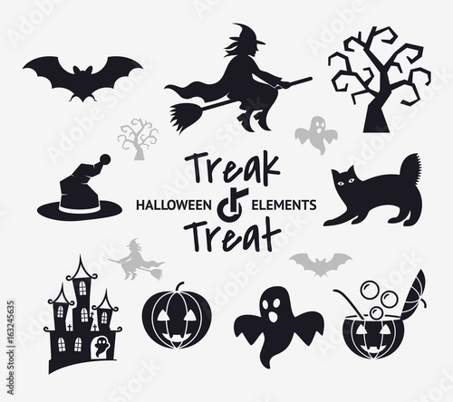Digital vector black happy halloween icons with drawn simple line art info graphic, presentation with bats, cat and pumpkin elements around promo template, flat style