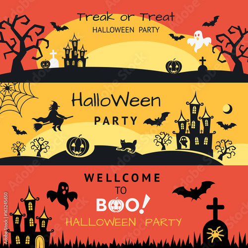 Digital vector yellow red black happy halloween icons with drawn simple line art info graphic, presentation with bats, cat and pumpkin elements around promo template, flat style