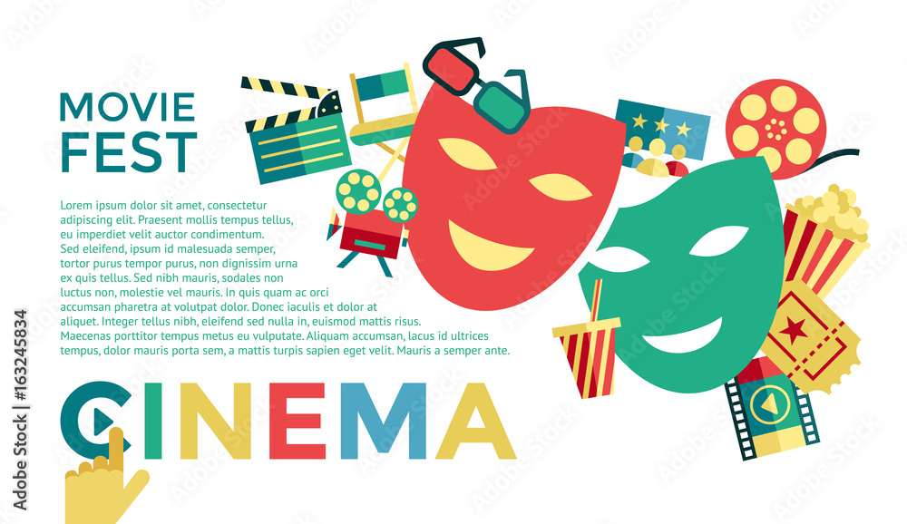 Digital vector blue cinema icons with drawn simple line art info graphic, presentation with movie fest, fun and  mask elements around promo template, flat style