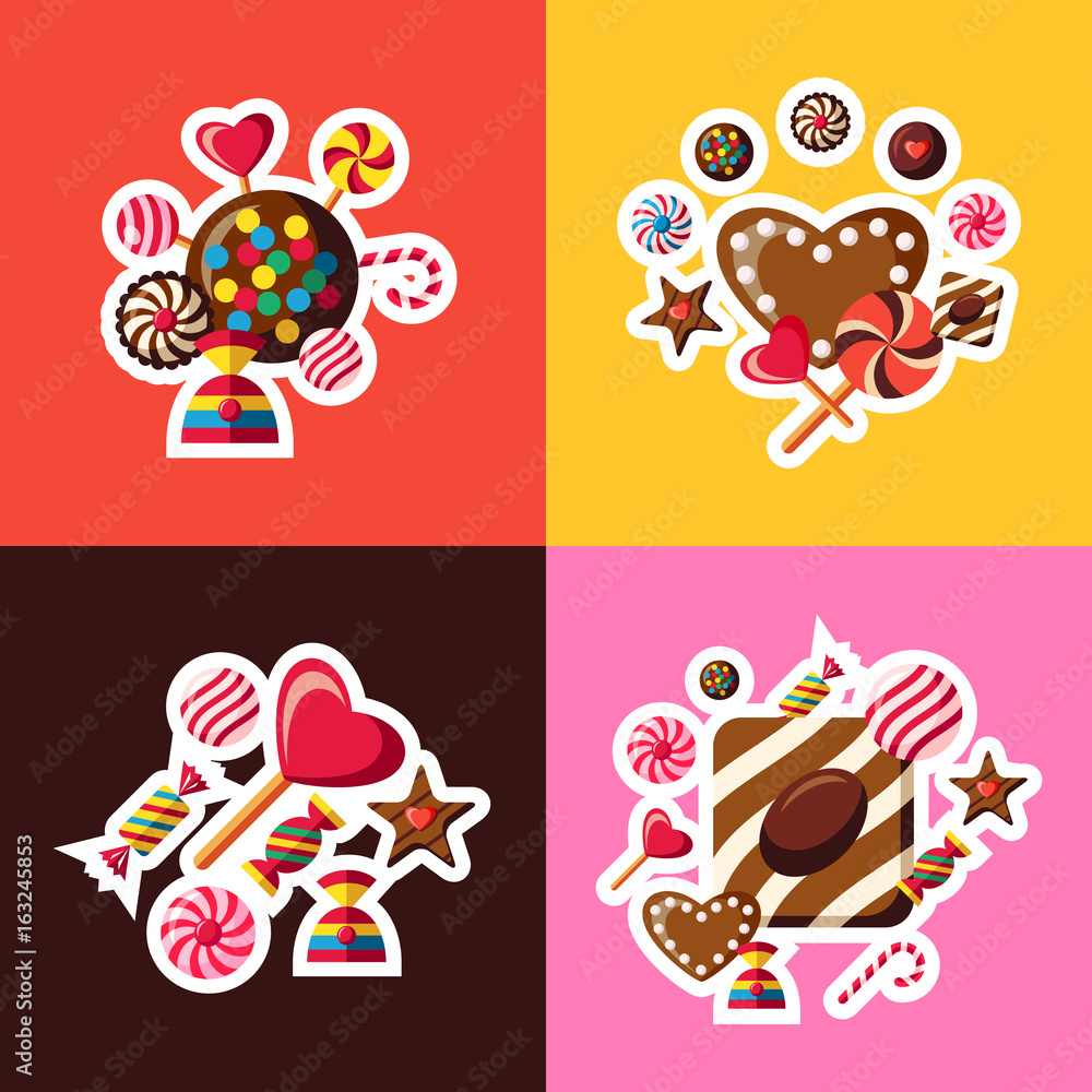 Digital vector red brown sweet candies icons with drawn simple line art info graphic, presentation with sweety, chocolate and cookies elements around promo template, flat style