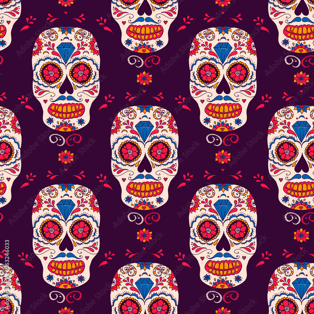Hand drawn Mexican Day of The Dead seamless pattern. Vector colorful sugar skull with floral ornament. Hand drawn Mexican Day of The Dead seamless pattern. Vector colorful sugar skull with floral ornament.