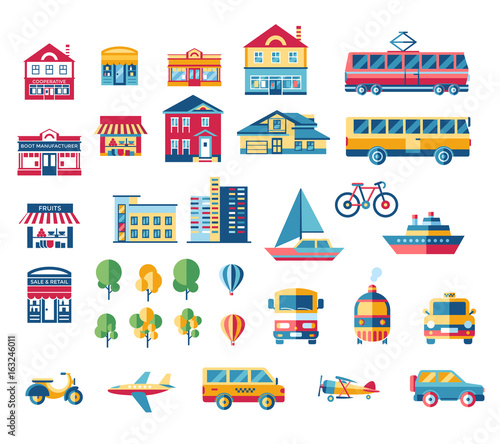 Digital vector blue red city transport icons set with drawn simple line art info graphic, presentation with car, plane and building elements around promo template, flat style