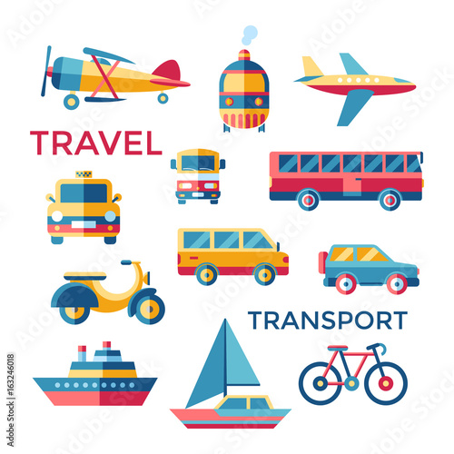 Digital vector blue red yellow travel transport icons set with drawn simple line art info graphic, presentation with car, tram and taxi elements around promo template, flat style