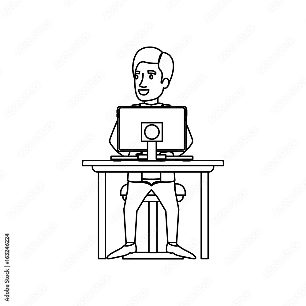 monochrome silhouette of man with formal suit sitting in chair in desk with computer vector illustration