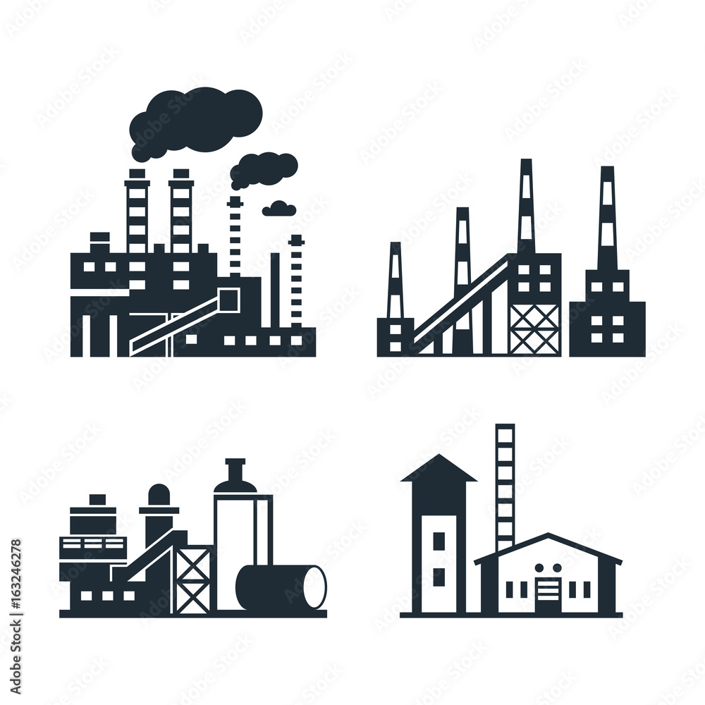 Digital vector black factory pollution icons with drawn simple line art info graphic, presentation with plant, smoke, environment and energy elements around promo template, flat style