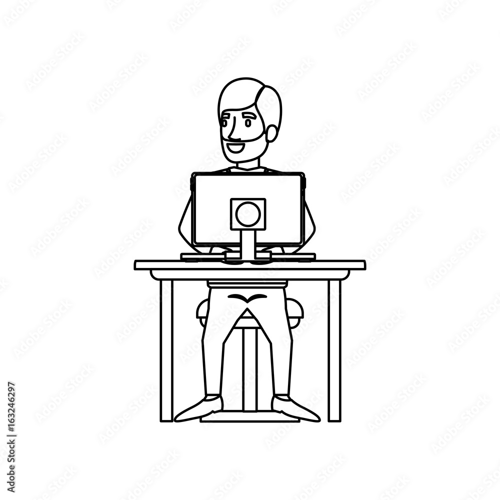 monochrome silhouette of man with beard in formal clothes sitting in chair in desk with computer vector illustration monochrome silhouette of man with beard in formal clothes sitting in chair in desk with computer vector illustration