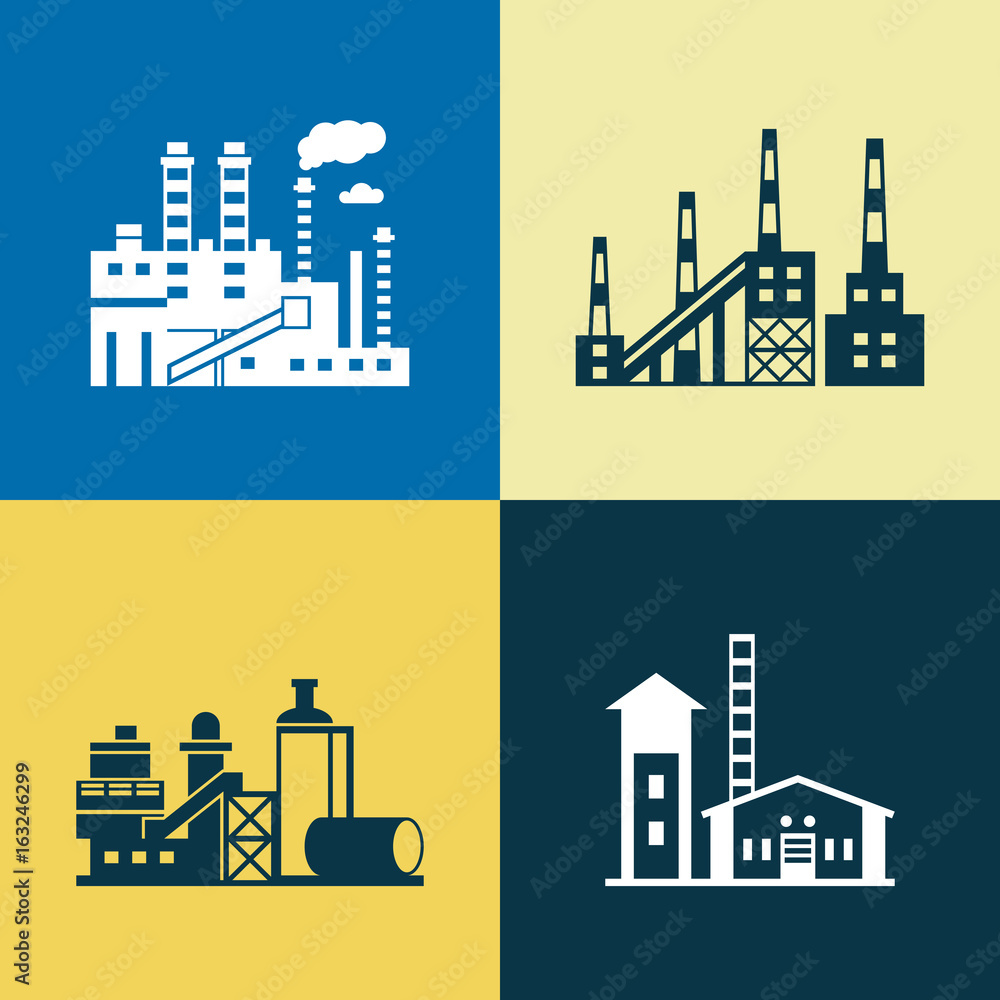 Digital vector blue yellow factory pollution icons with drawn simple line art info graphic, presentation with plant, smoke, environment and energy elements around promo template, flat style