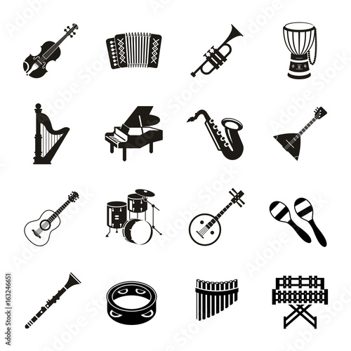 Digital vector black music instruments icons with drawn simple line art info graphic, presentation with guitar, piano, drums and sound elements around promo template, flat style