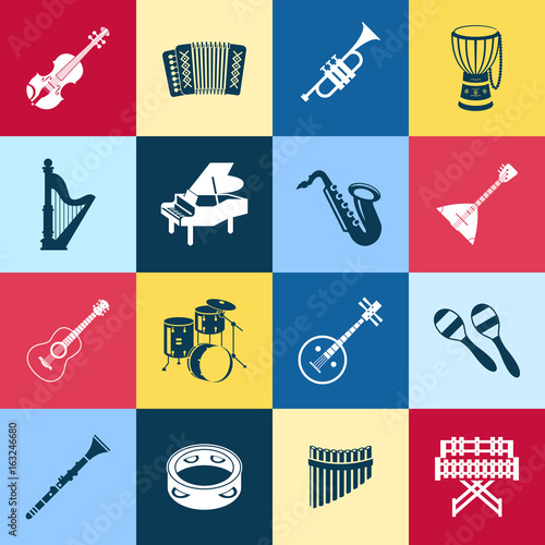 Digital vector green red yellow music instruments icons with drawn simple line art info graphic, presentation with guitar, piano, drums and sound elements around promo template, flat style