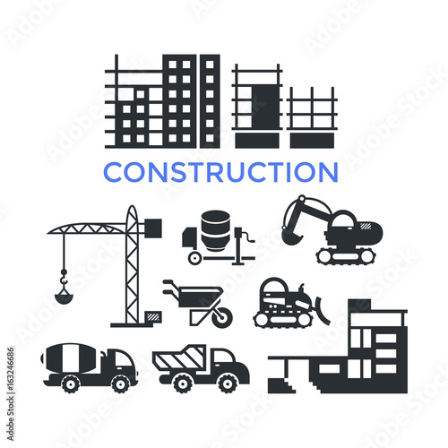 Digital vector black construction building tracks icons with drawn simple line art info graphic, presentation with crane, grout, excavator and cement elements around promo template, flat style