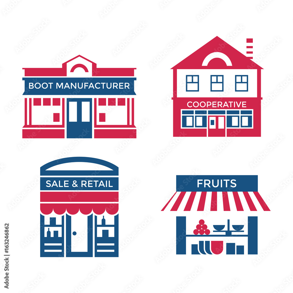 Fototapeta premium Digital vector red blue supermarket icons with drawn simple line art info graphic, presentation with commerce, shopping building elements around promo template, flat style