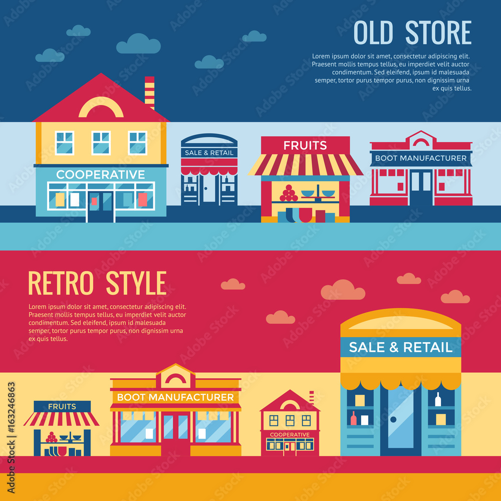 Digital vector red blue retro supermarket icons with drawn simple line art info graphic, presentation with commerce, shopping building elements around promo template, flat style