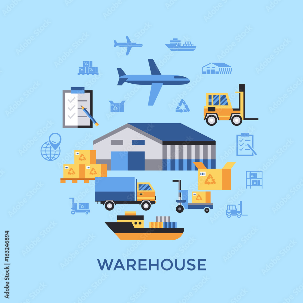 Digital vector yellow blue warehouse icons with drawn simple line art info graphic, presentation with transport, globe and storage depositing logistic elements around promo template, flat style