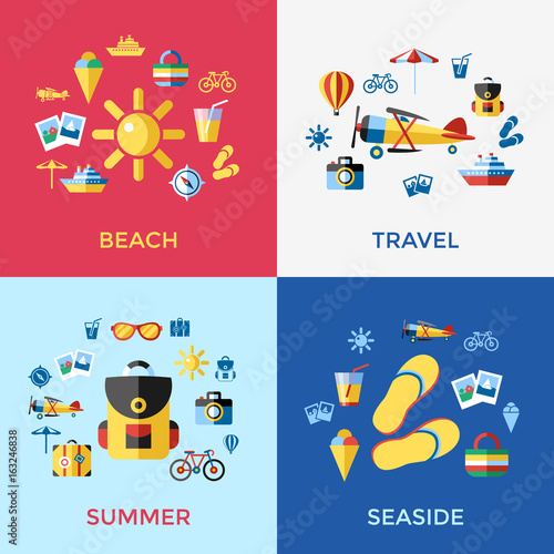 Digital vector blue red beach travel icons set with drawn simple line art info graphic, presentation with sun, slippers and sea vacation elements around promo template, flat style