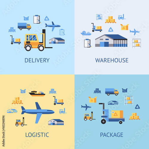 Digital vector yellow blue warehouse icons with drawn simple line art info graphic, presentation with transport, globe and storage depositing logistic elements around promo template, flat style