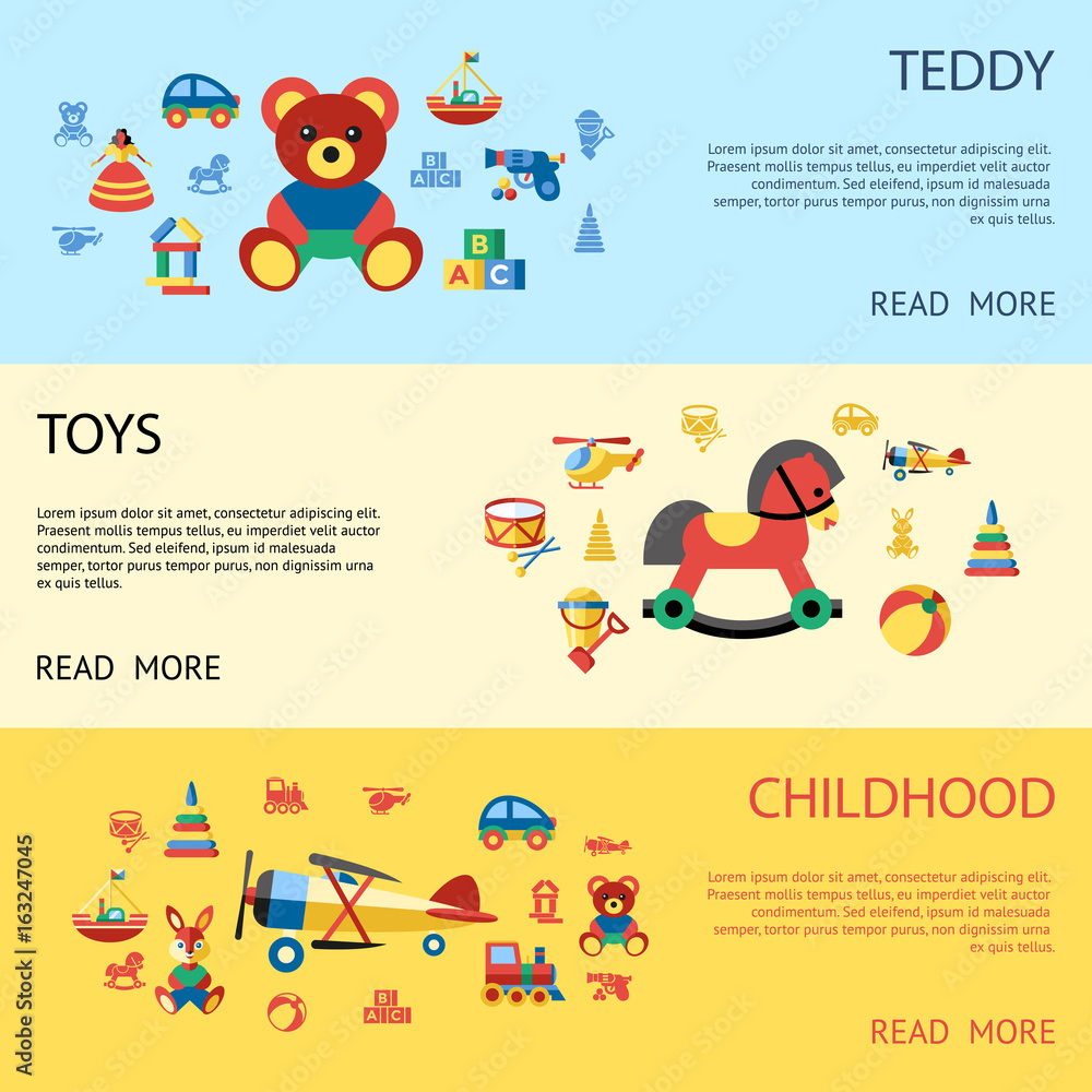 Fototapeta premium Digital vector blue yellow children toys icons with drawn simple line art info graphic, presentation with bear, plane and bunny childhood elements around promo template, flat