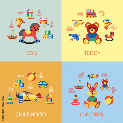 Digital vector blue yellow children toys icons with drawn simple line art info graphic, presentation with bear, plane and bunny elements around promo template, flat