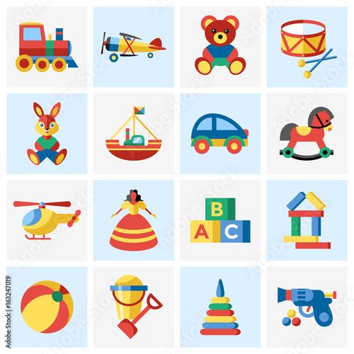 Digital vector blue yellow children toys icons with drawn simple line art info graphic, presentation with bear, plane and bunny elements around promo template, flat
