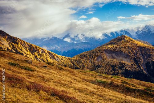 Location place Upper Svaneti, Mestia, Georgia, Europe. High Caucasus ridge.