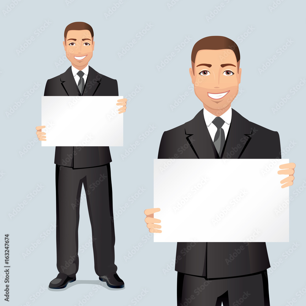 Happy businessman showing and displaying placard with space for your text or product Happy businessman showing and displaying placard with space for your text or product