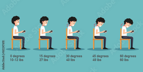 The bad smart phone postures,the angle of bending head related to the pressure on the spine,body posture.illustration