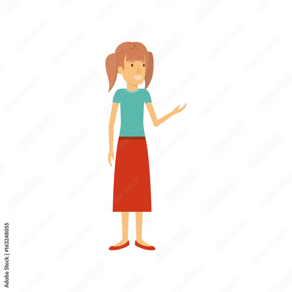 colorful silhouette of woman in dress standing with pigtails hairstyle vector illustration