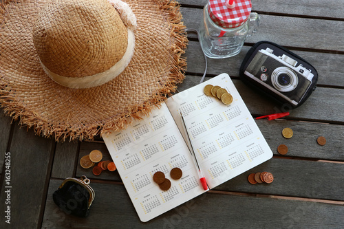 Planning cheap travel budget. Coins on the table. Hat and camera