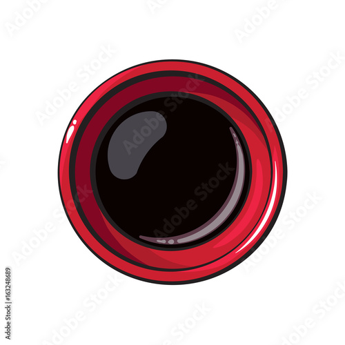 Top view drawing of soy sauce bowl, Asian, Chinese, Japanese cuisine, sketch style vector illustration isolated on white background. Traditional Chinese, Japanese, Thai cuisine - full soy sauce bowl