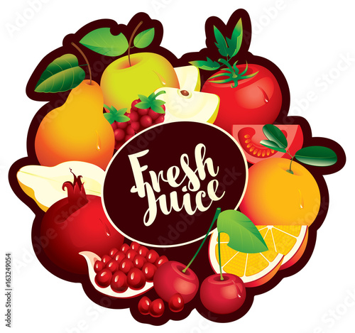 Vector emblem for fresh juice with inscription and various fruits, berries and vegetables arranged in a circle