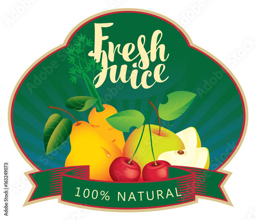 Vector label for fresh juice with inscription and various fruits, berries and vegetables on green background in curly frame with ribbon