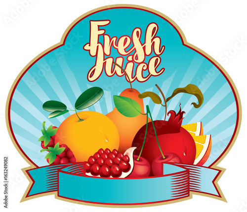 Vector label for fresh juice with inscription and various fruits and berries on blue background in curly frame with ribbon