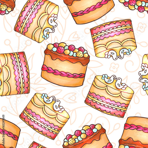 Cakes seamless pattern illustration. Pastry and bakery background. Vector design for baker shop, cafe.