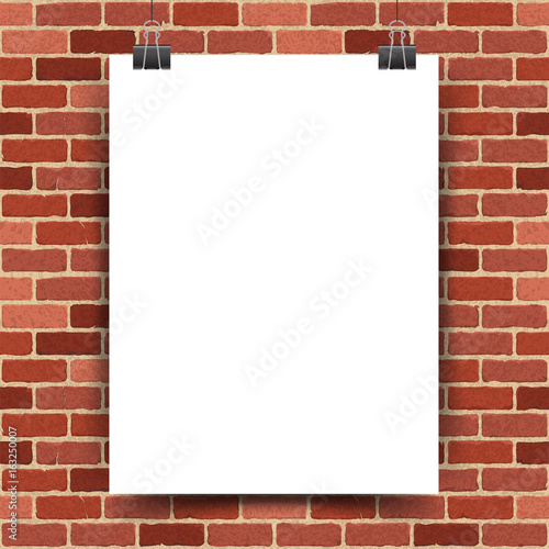 Vector illustration of a white poster hanging on clerical clips on a red brick wall background