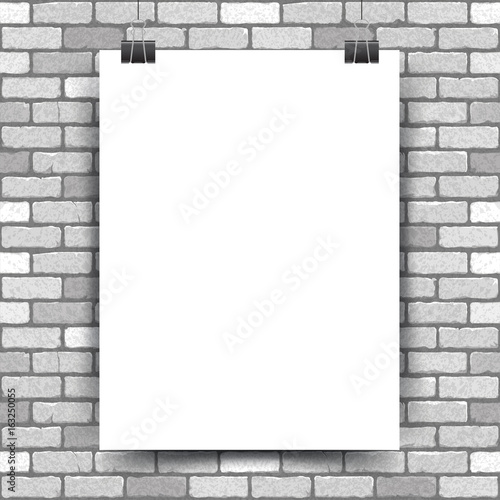 Vector illustration of a white poster hanging on a clerical clip on a white brick wall background