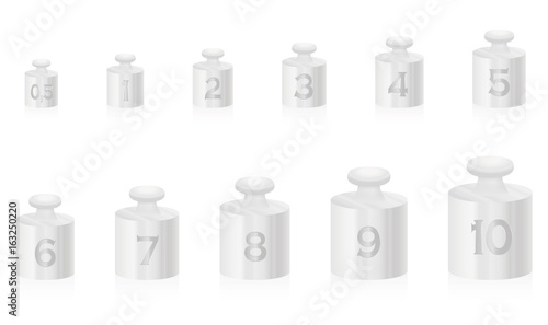 Silvery weight masses for silver scale - set from one to ten, plus a half unit - isolated vector illustration on white background.