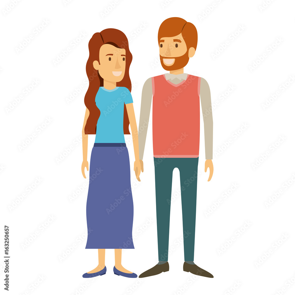 colorful silhouette of man and woman standing and her with long wavy hair and him in formal clothes and red beard vector illustration