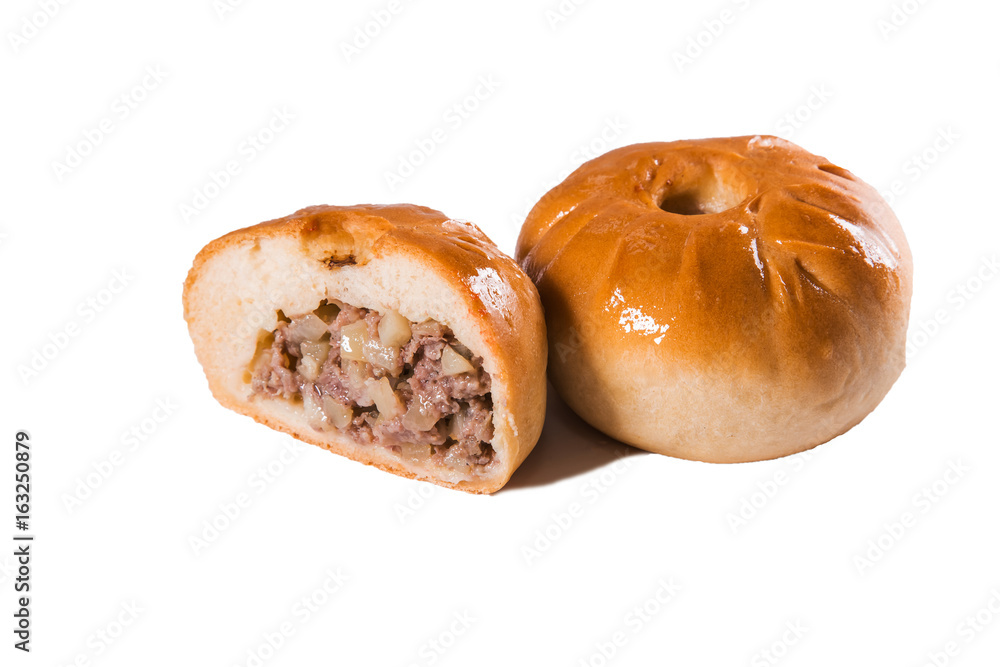 round baked pies with meat and potatoes on white background, isolate, bakery round baked pies with meat and potatoes on white background, isolate, bakery