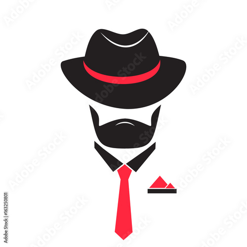 Unknown man in a hat and tie with a pocket square isolated on a white background. Gentleman logo in mafia style for male store, a barber shop.
