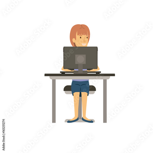 colorful silhouette of woman with ponytail hair and sitting in chair in desk with laptop computer vector illustration