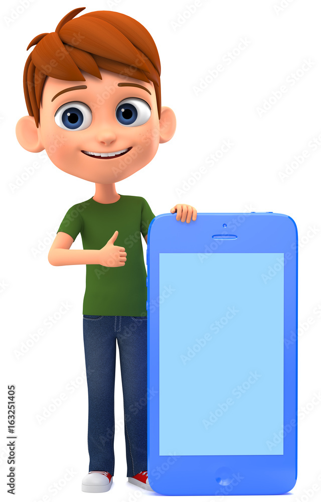 Boy with a big mobile phone on a white background. 3d render illustration. Boy with a big mobile phone on a white background. 3d render illustration.