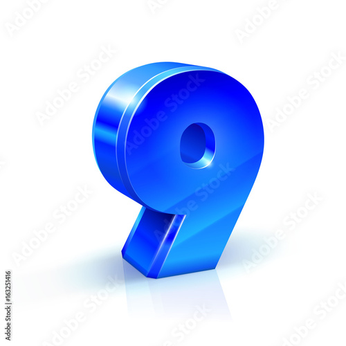 Glossy blue Nine 9 number. 3d Illustration on white background. photo