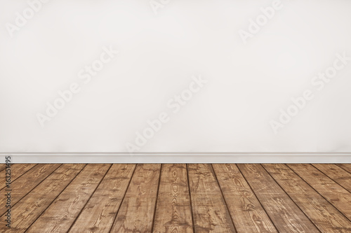 Empty wood floor and White wall room. 3D illustration