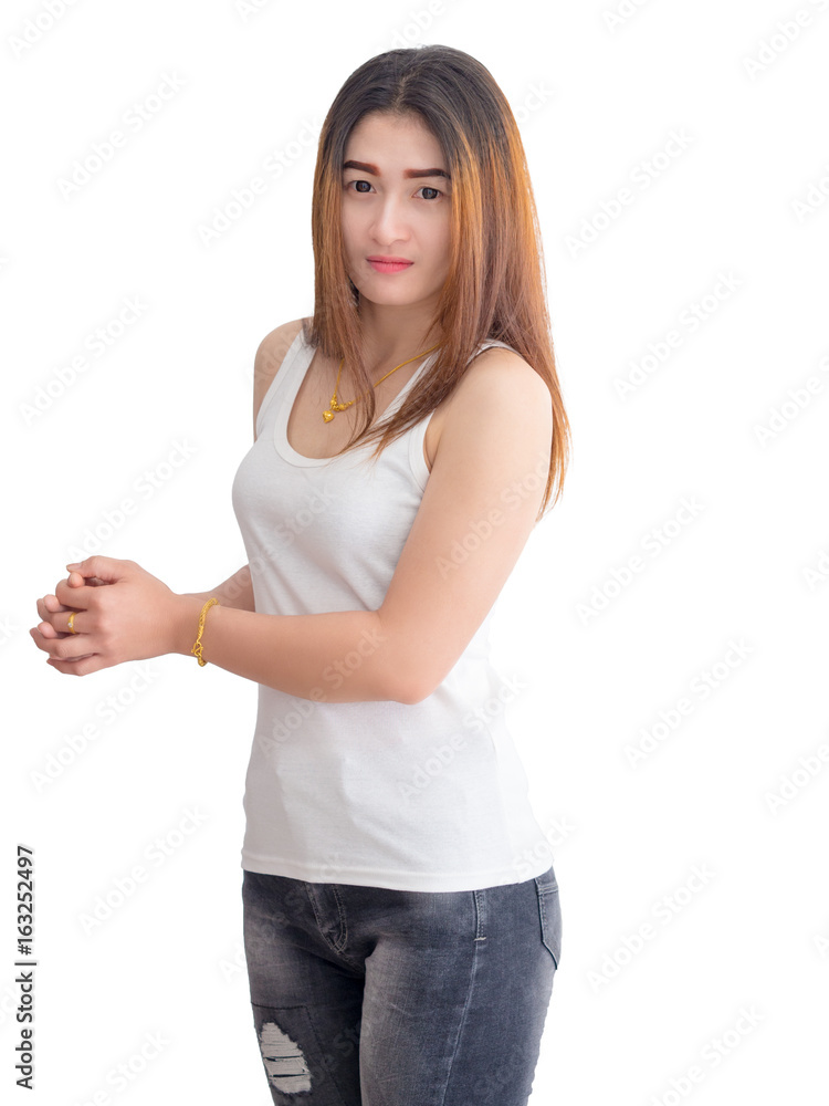 Portrait of Asian woman in white vest, isolated on white background. Portrait of Asian woman in white vest, isolated on white background.