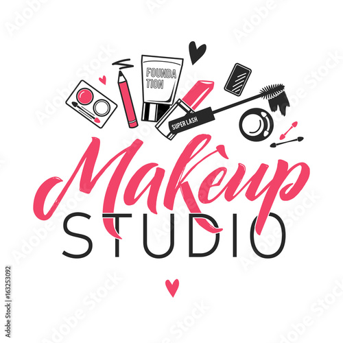 Makeup Studio Vector Logo. Illustration of cosmetics. Lettering illustration