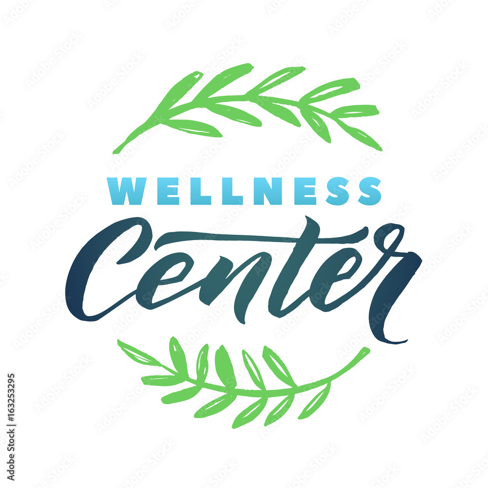Wellness Center Vector Logo. Stroke Green Leaves Illustration. Brand Lettering