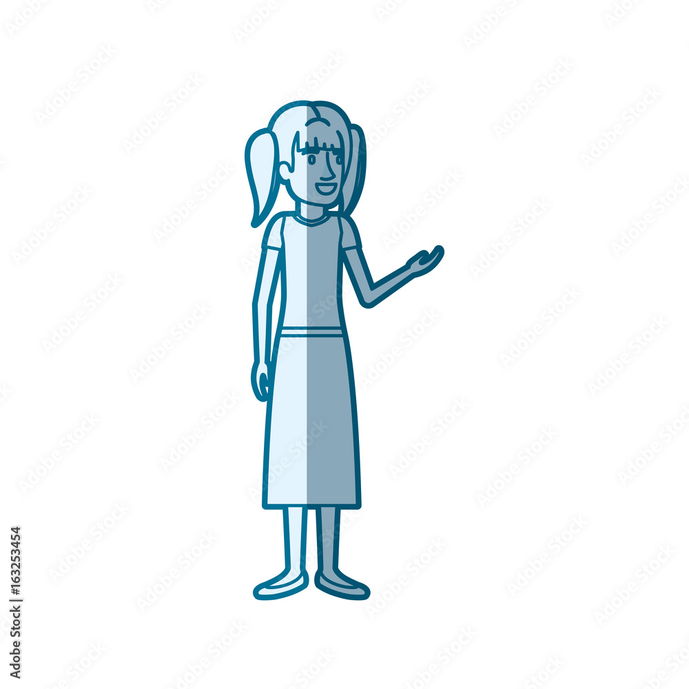 blue color silhouette shading of woman standing with pigtails hair in blouse and long skirt vector illustration blue color silhouette shading of woman standing with pigtails hair in blouse and long skirt vector illustration