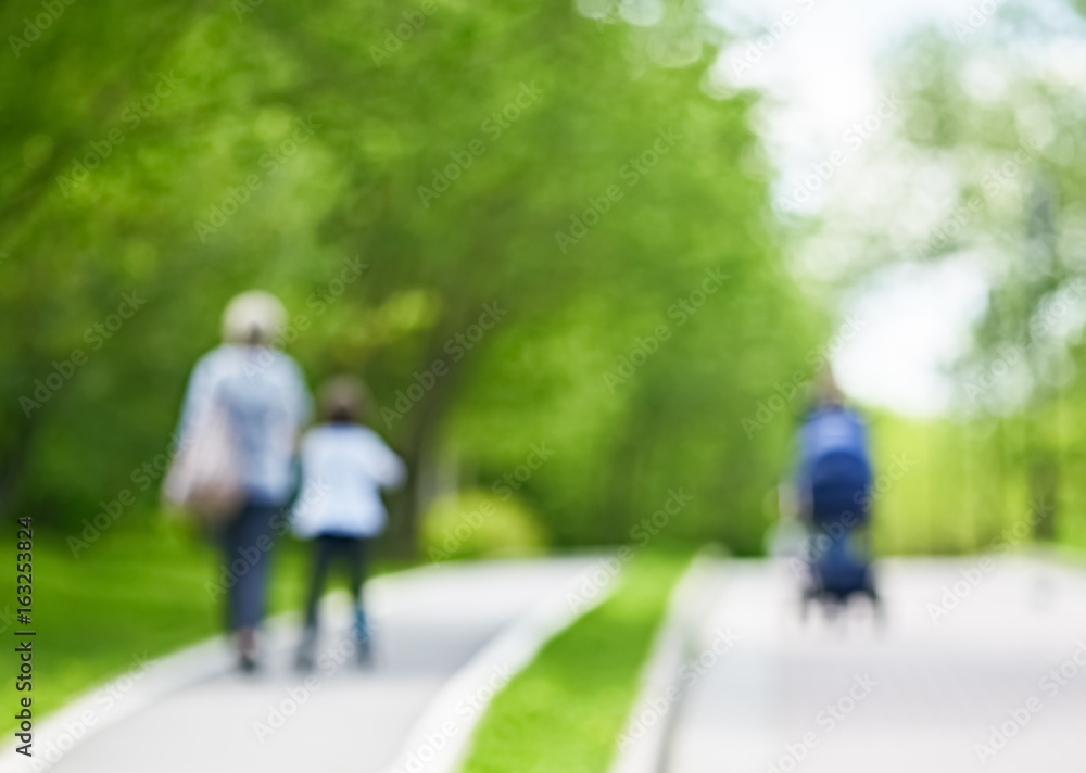 blurred park background with walking people