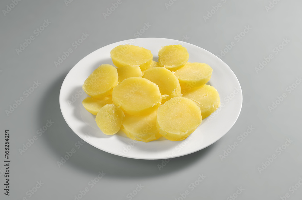 Round dish with portion of sliced boiled potatoes