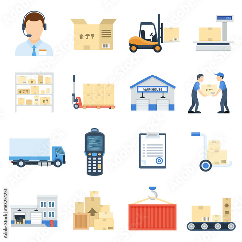 Warehouse icon flat cartoon set